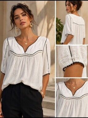 MASSCOB PLEATED SILK COTTON WOMEN'S TOP BLOUSE SIZE SMALL White Black #W1